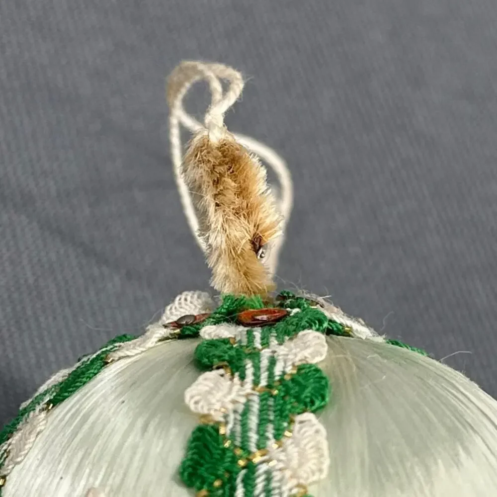 4 VTG Handmade Push Pin Satin Ball Ornament Bead Sequin Christmas ribbon Kitschy